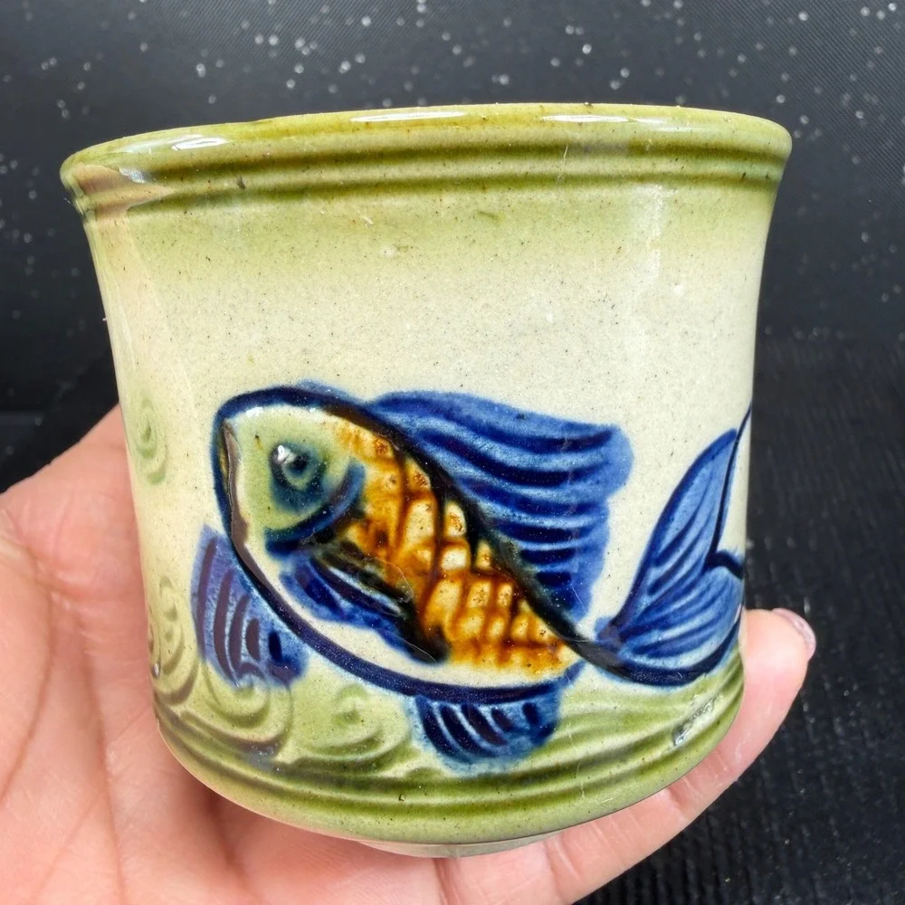 Tsuboya Ware Yachimun Japanese Pottery Fish Cups and Plates Set 6pc Okinawan